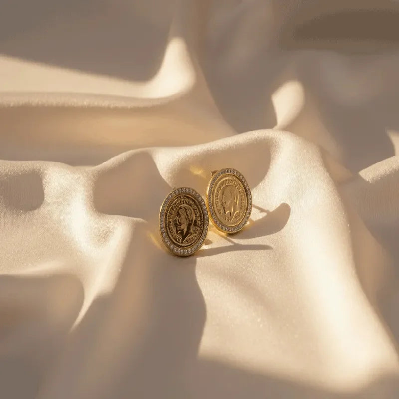 14K Gold Plated Stud Earrings with Oval Coin Design