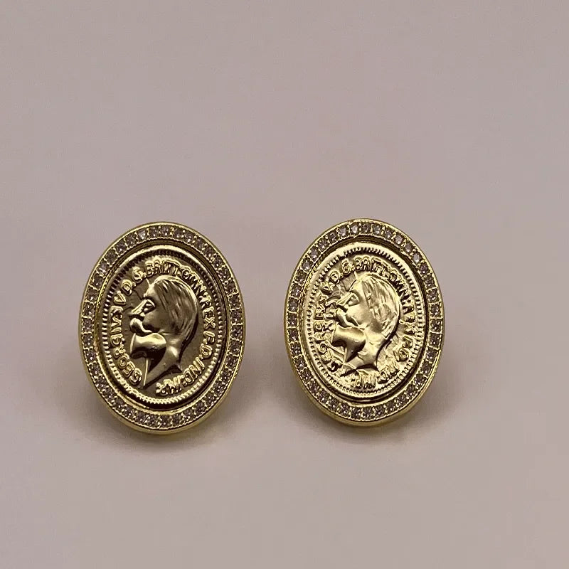 14K Gold Plated Stud Earrings with Oval Coin Design
