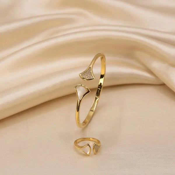 18K Gold Plated Fan Motif Bracelet and Ring Set