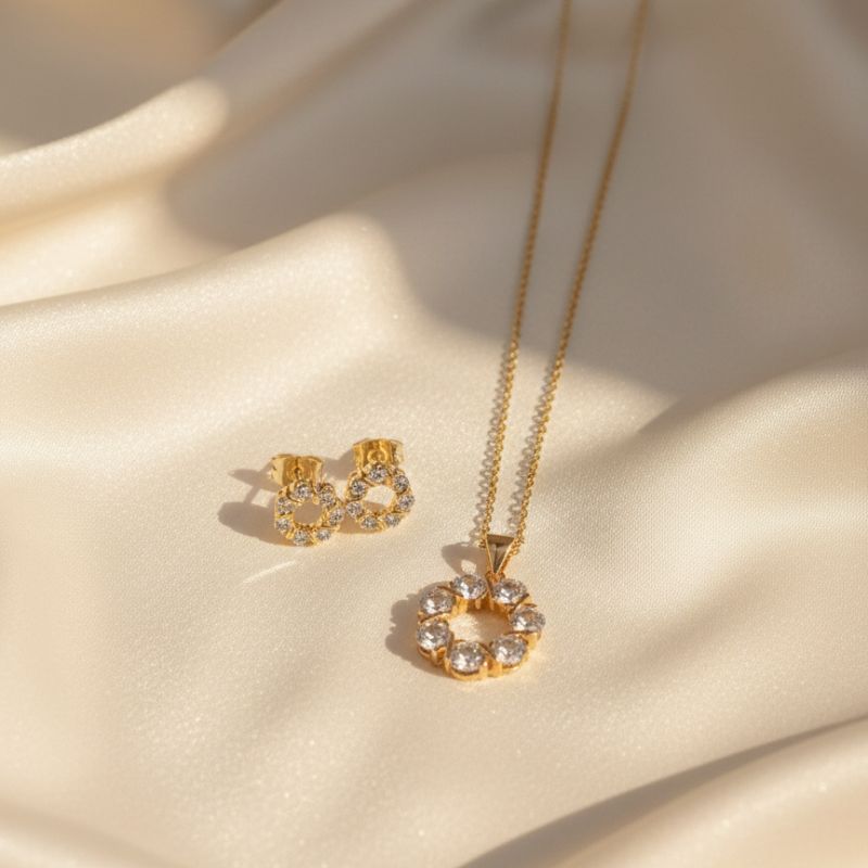 18K Gold Plated Floral Crystal Halo Set