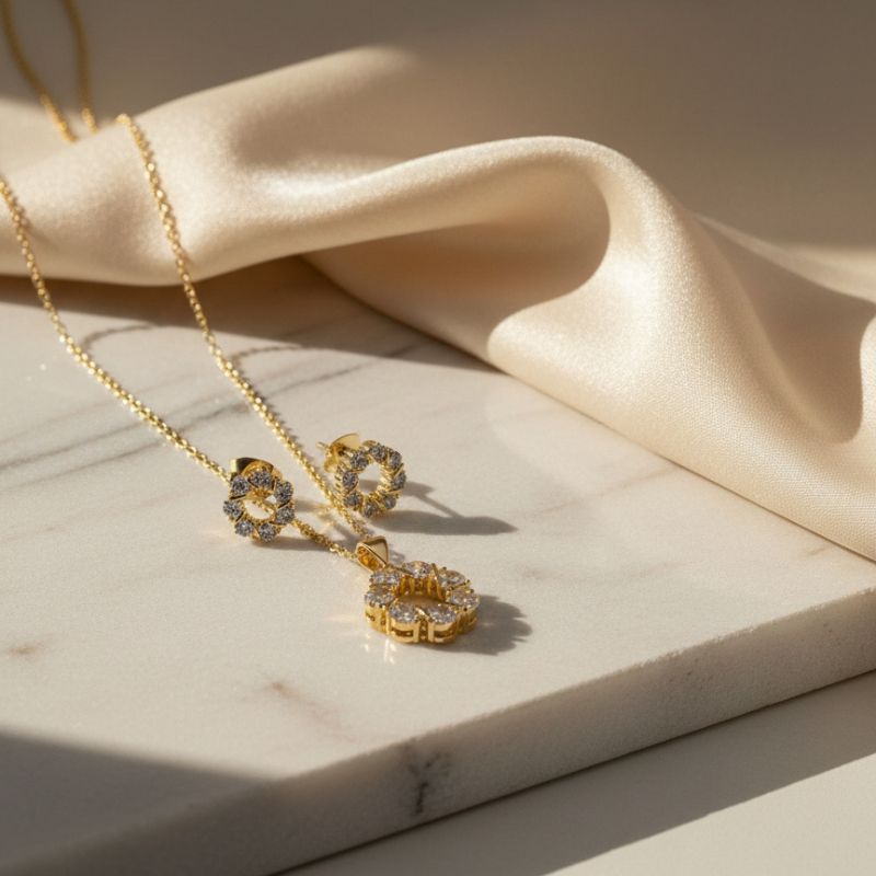 18K Gold Plated Floral Crystal Halo Set