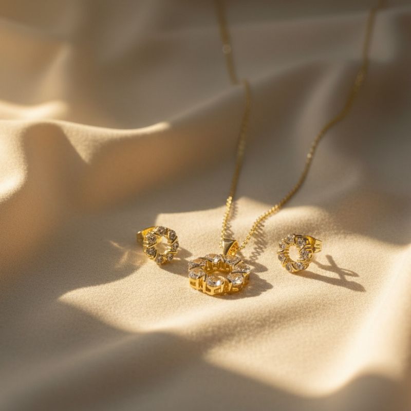 18K Gold Plated Floral Crystal Halo Set