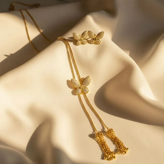 18K Gold Plated Shimmering Butterfly Lariat & Earring Set