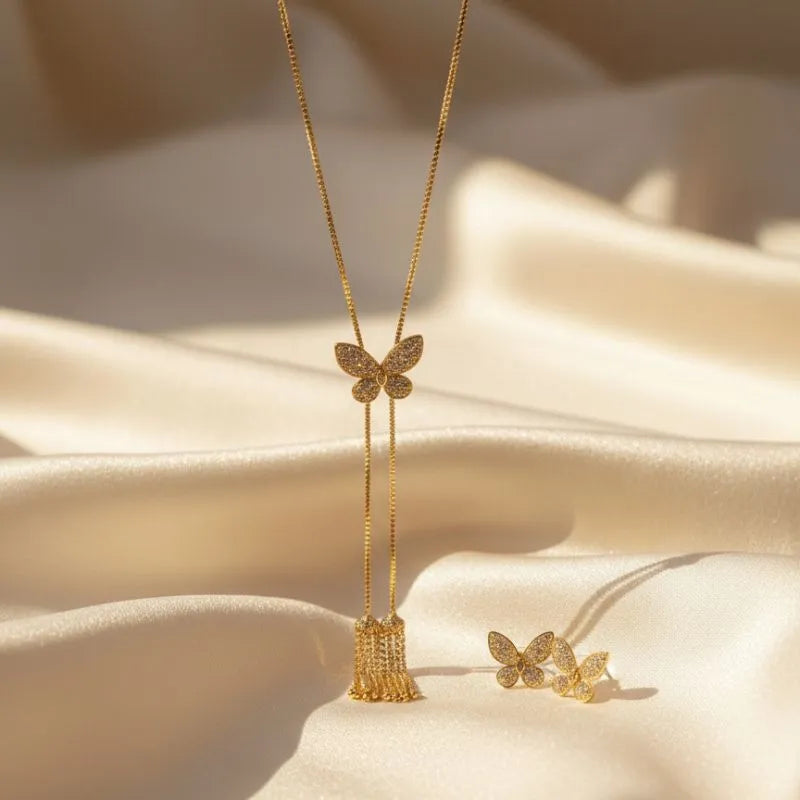 18K Gold Plated Shimmering Butterfly Lariat & Earring Set