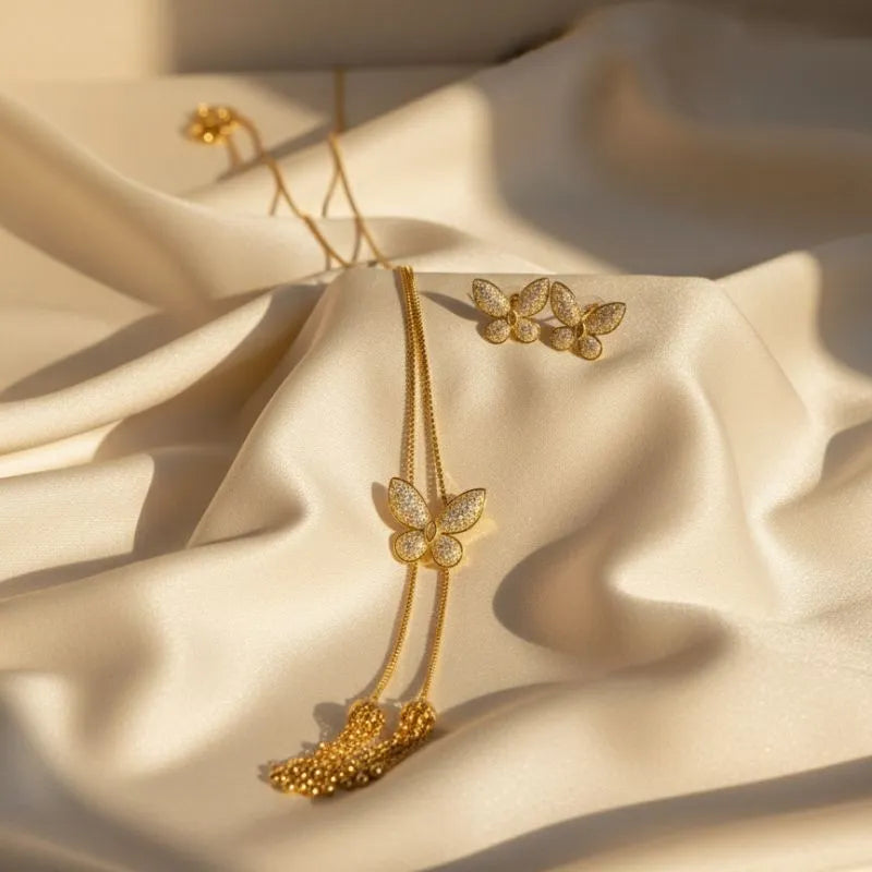 18K Gold Plated Shimmering Butterfly Lariat & Earring Set