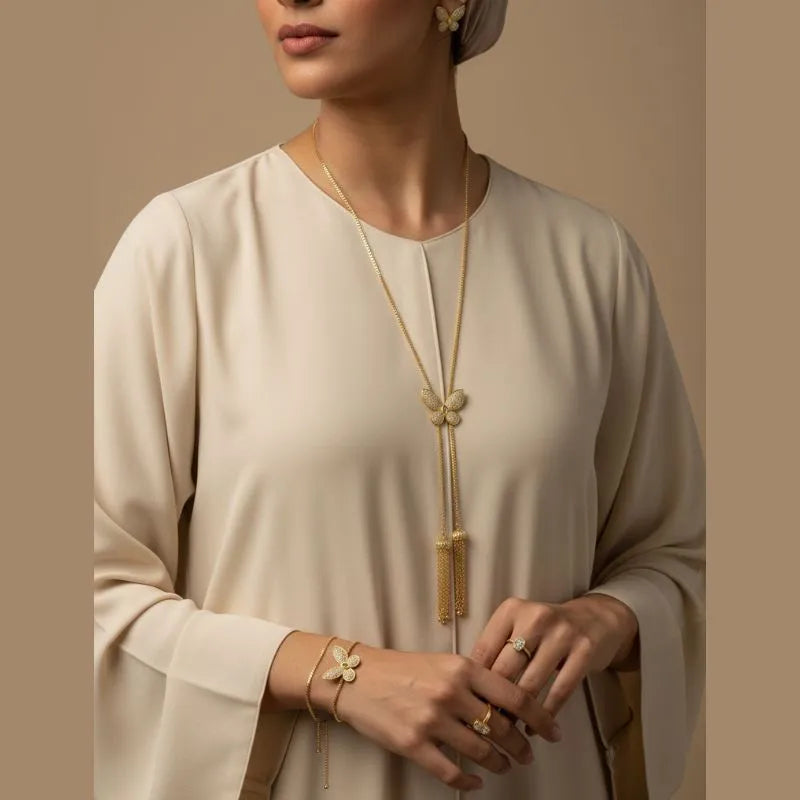 18K Gold Plated Shimmering Butterfly Lariat & Earring Set