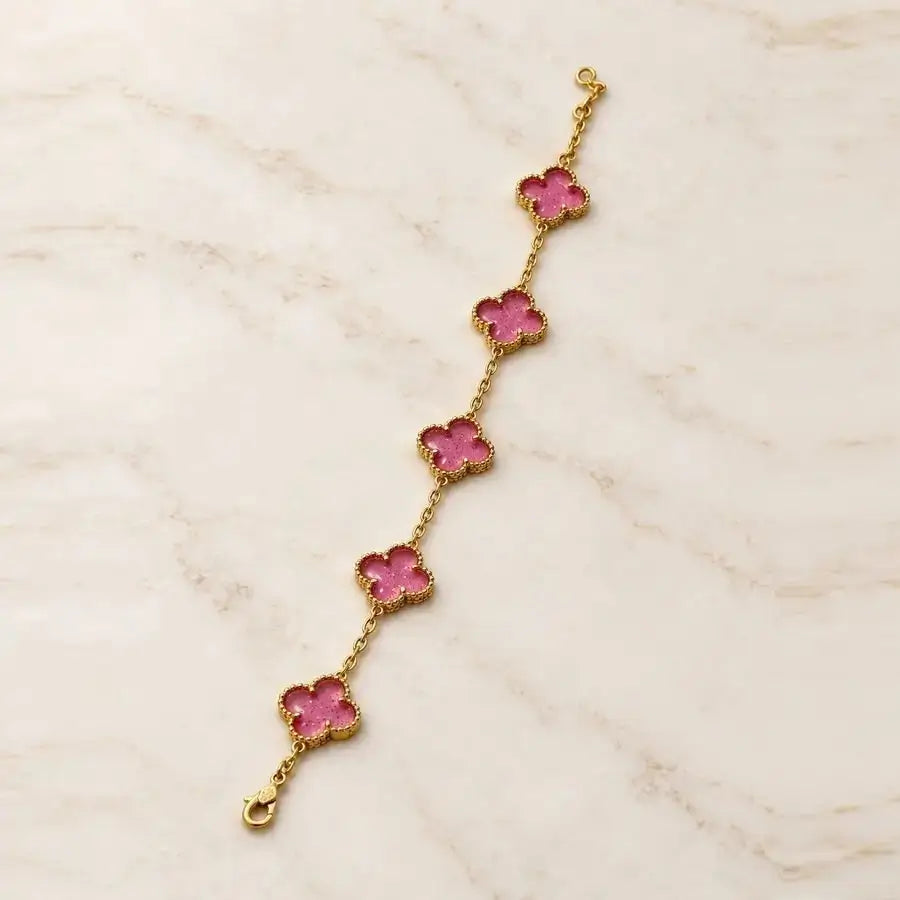 18K Gold Plated Charm Bracelet with Pink Clover Details
