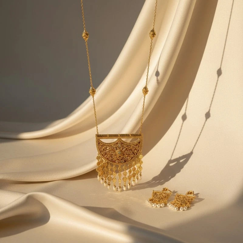 18K Gold Plated Heritage Crescent Pendant & Earring Set