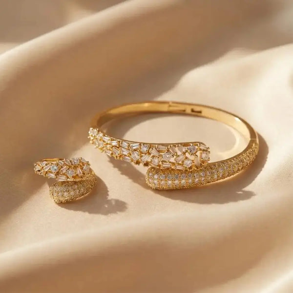 18K Gold Plated Jewelry Set with Open Bangle & Ring