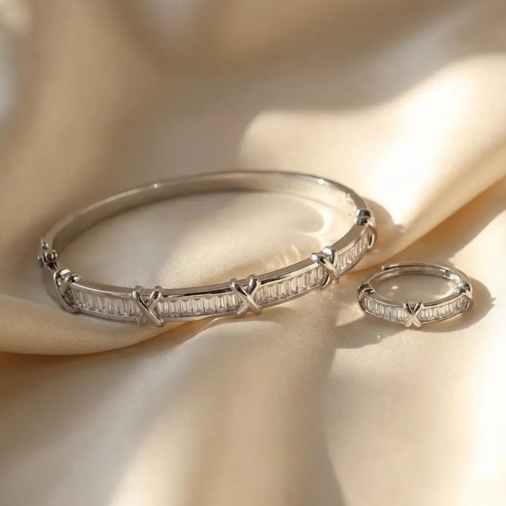 Baguette X Bracelet & Ring Set Silver