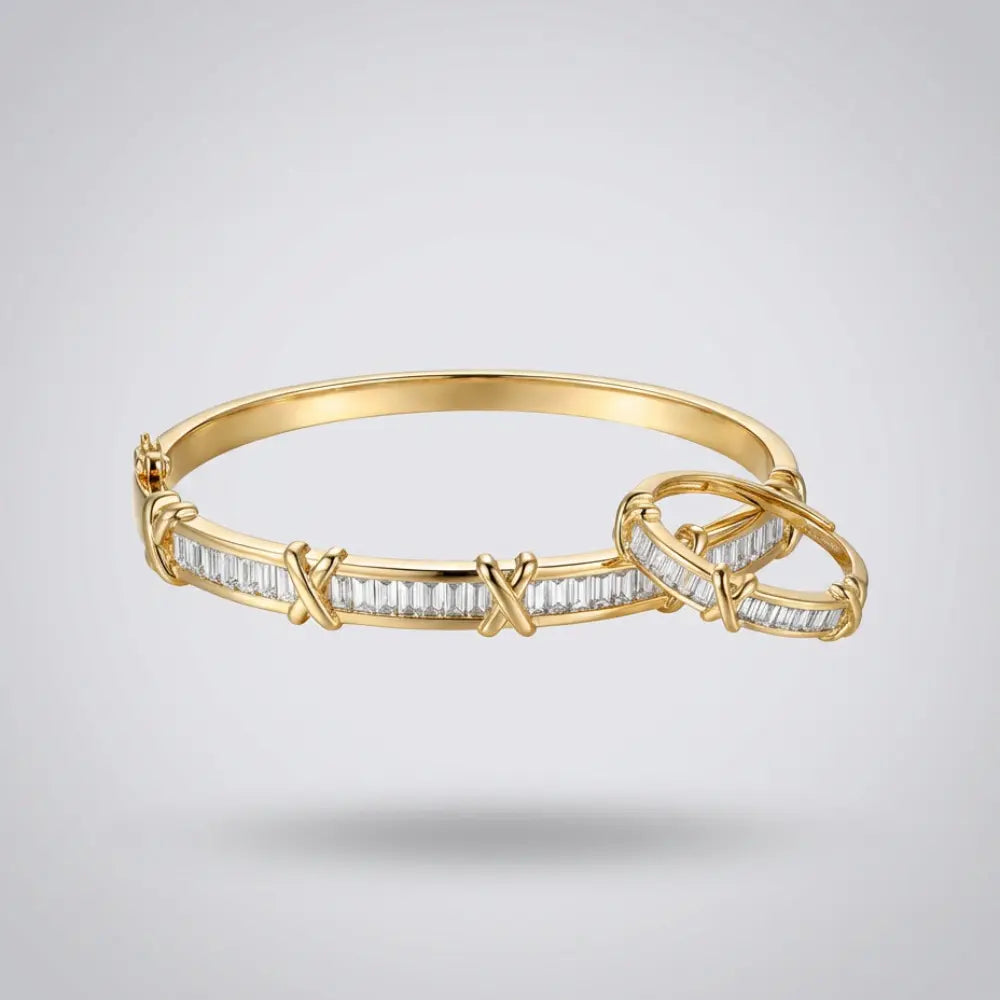 Baguette X Bracelet & Ring Set Gold Plated on a light gray background