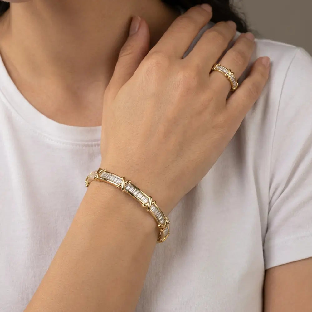 Gold Plated Baguette X Bracelet & Ring Set
