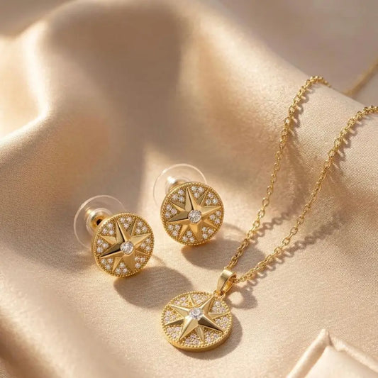 Celestial North Star Pendant Necklace and Earrings Jewelry Set with Zirconia