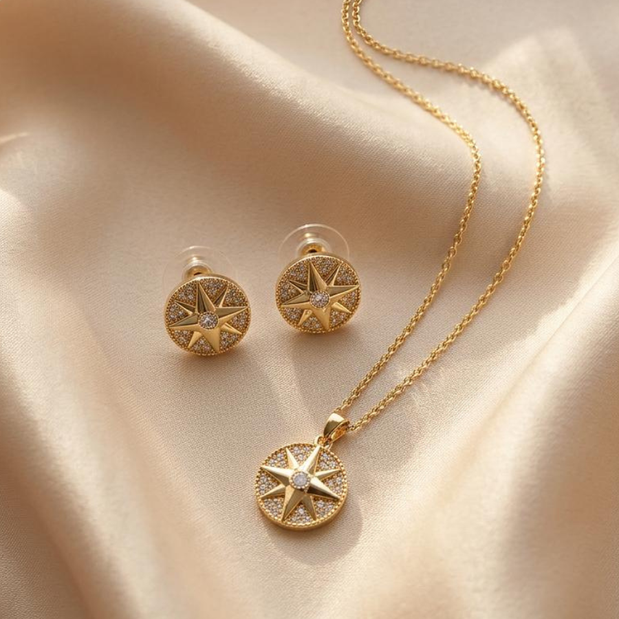 Celestial North Star Pendant Necklace and Earrings Jewelry Set with Zirconia