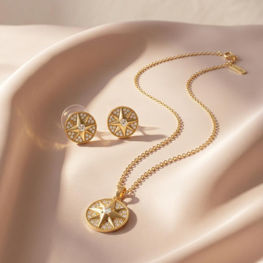 Celestial North Star Pendant Necklace and Earrings Jewelry Set with Zirconia