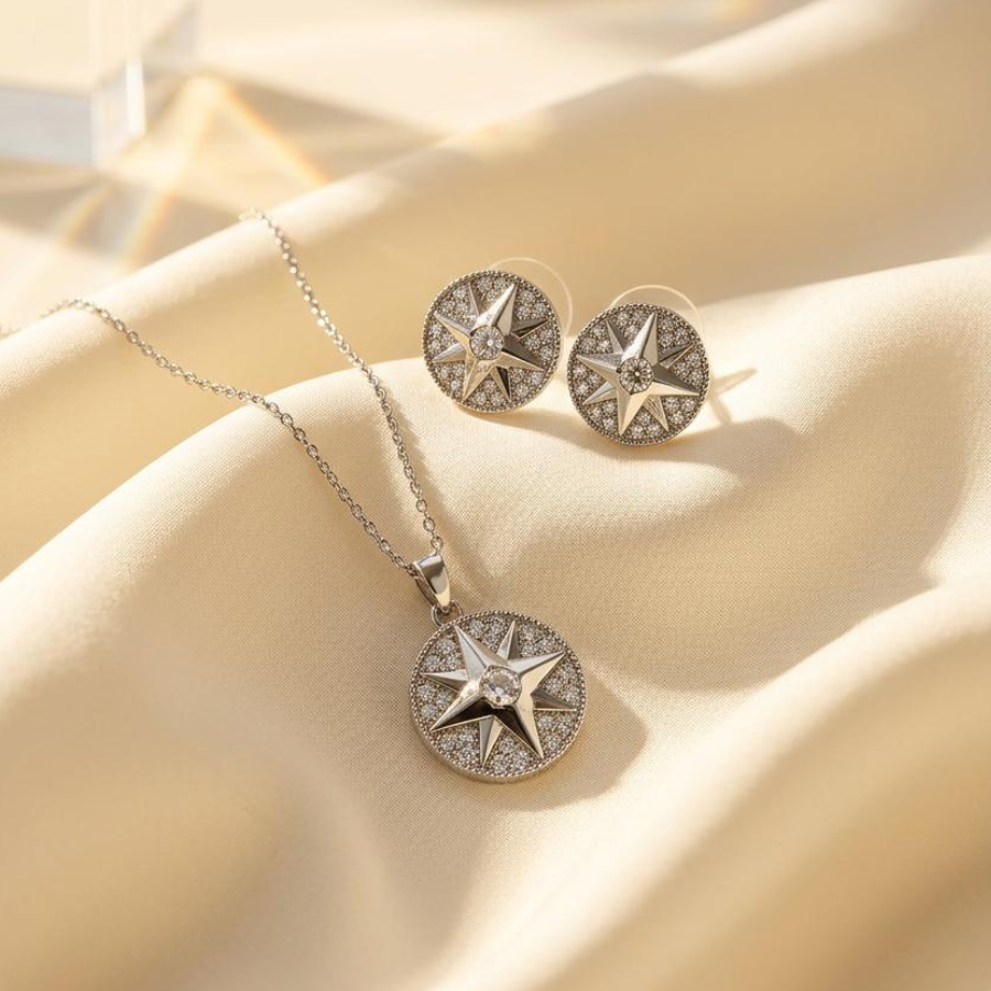 Celestial North Star Pendant Necklace and Earrings Jewelry Set with Zirconia