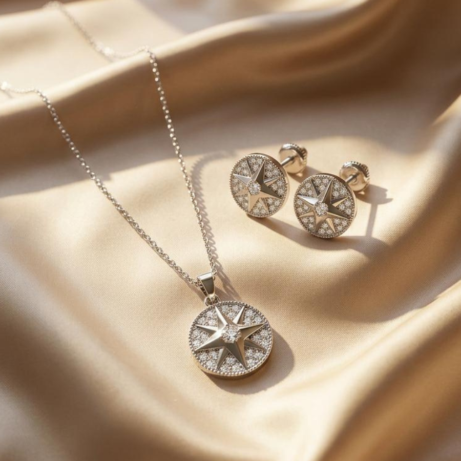 Celestial North Star Pendant Necklace and Earrings Jewelry Set with Zirconia