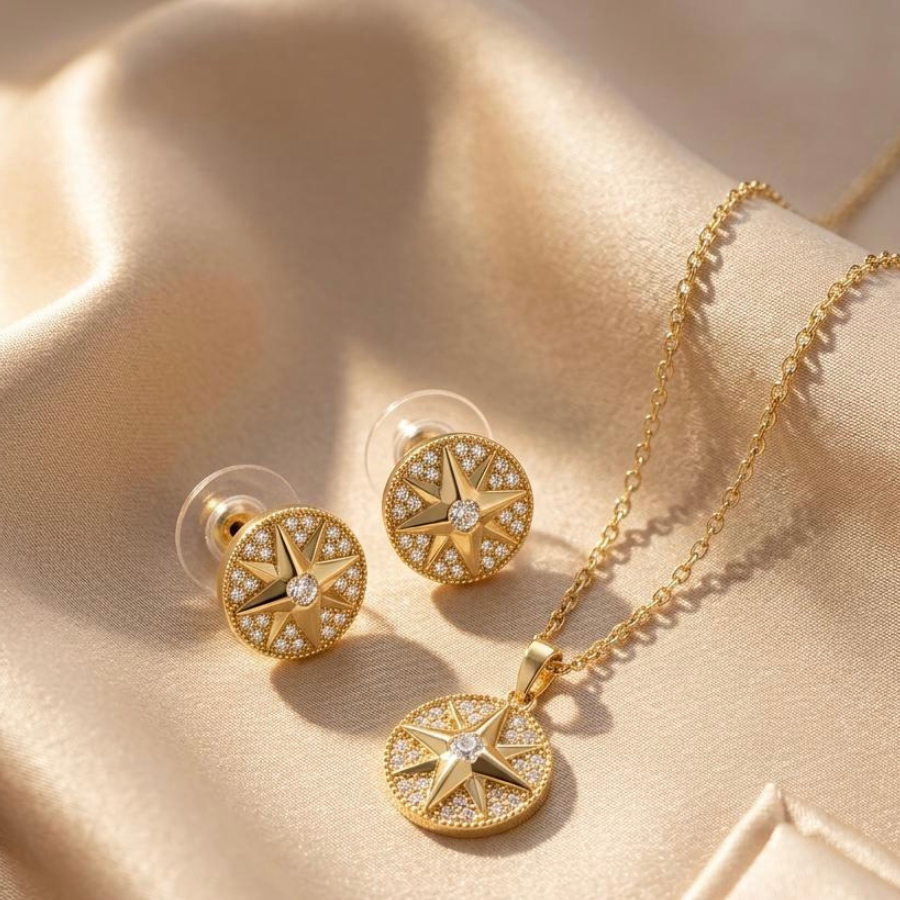 Celestial North Star Pendant Necklace and Earrings Jewelry Set with Zirconia