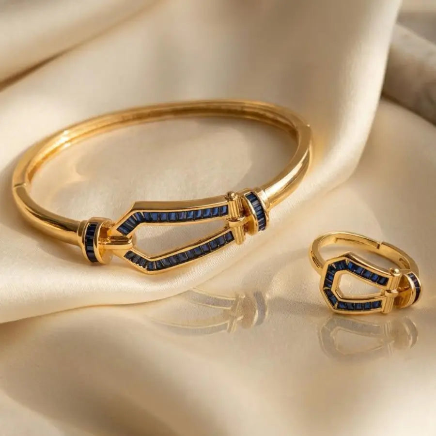 Gold Plated Horse Hoof Bracelet and Ring Jewelry Set - Dark Navy