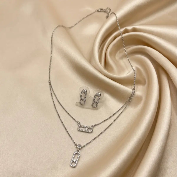 Double Layer Silver Plated Necklace Set with Earrings