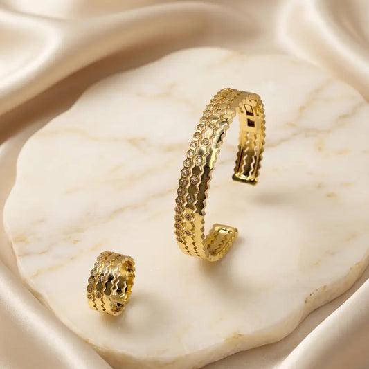 Geometric Pattern Gold Plated Cuff Bracelet and Ring Set