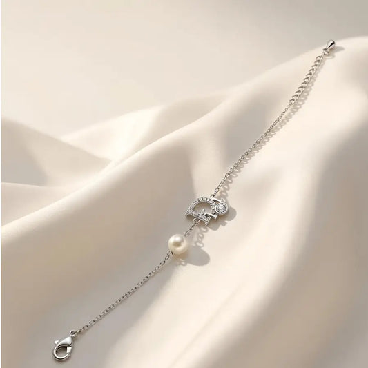 Geometrical & Pearl Silver Plated Charm Bracelet
