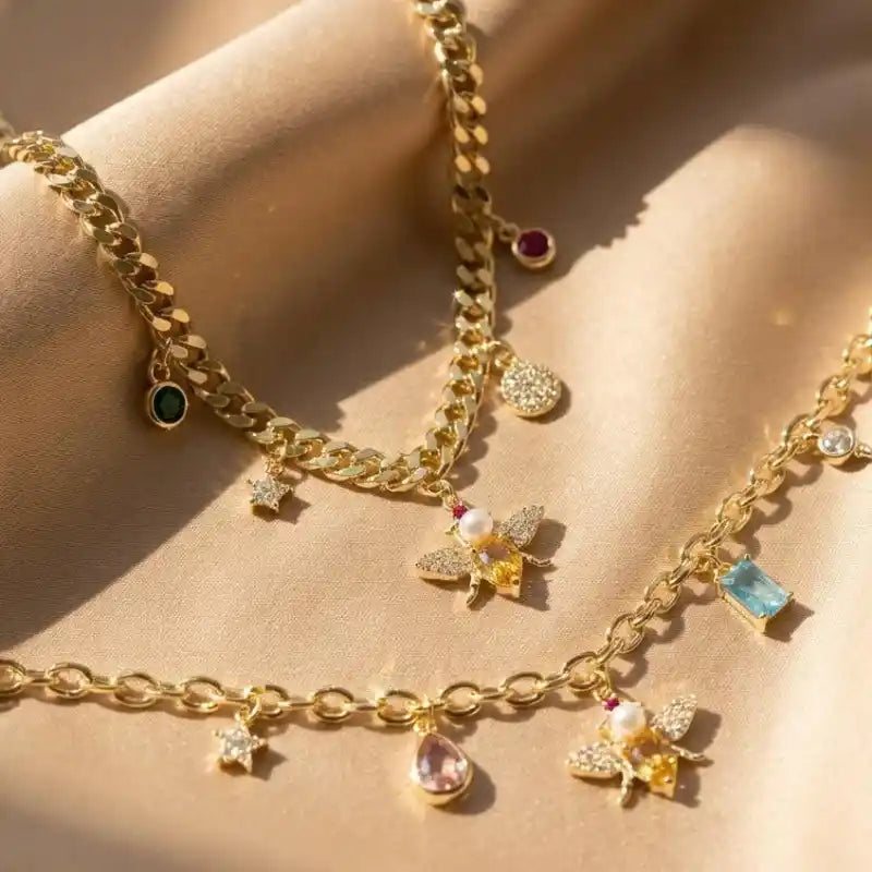 Gold-Plated Crystal and Pearl Bee Multi-Charm Jewelry Set