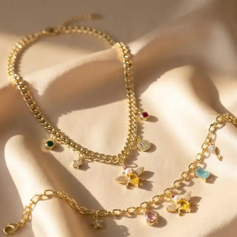 Gold-Plated Crystal and Pearl Bee Multi-Charm Jewelry Set