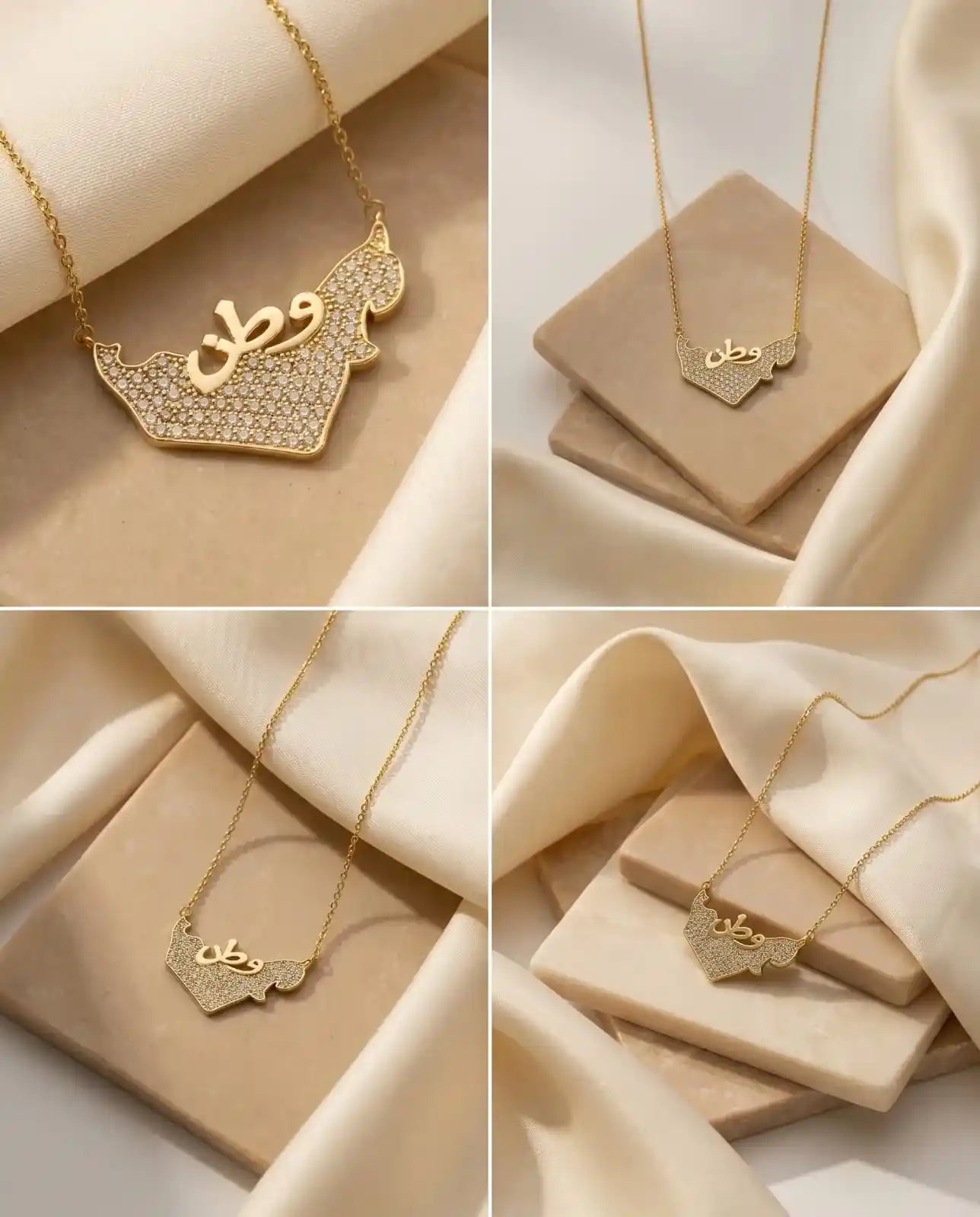 Close up of a luxury gold-plated necklace from Bellora Bloom featuring the UAE map and the Arabic word Watan (Homeland), fully paved with sparkling zircon stones, resting on a marble display.