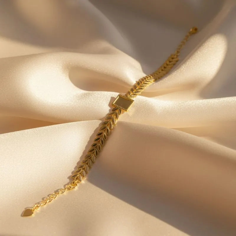 Gold-Plated Wheat Chain Bracelet – Rectangular Charm