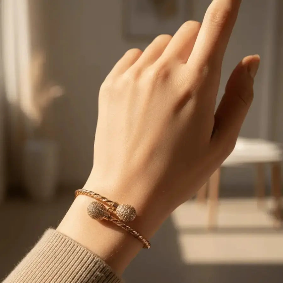 Gold Plated Cuff Bracelet with Pavé Sphere Ends
