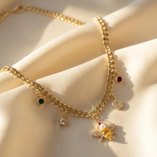 Gold Plated Crystal and Pearl Bee Multi-Charm Necklace