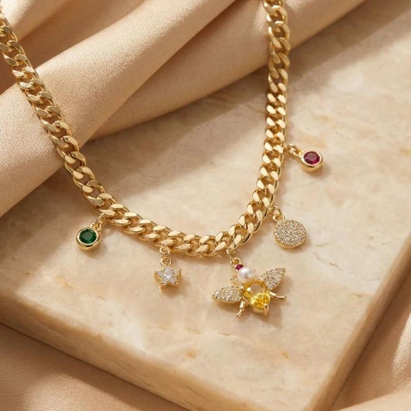 Gold Plated Crystal and Pearl Bee Multi-Charm Necklace