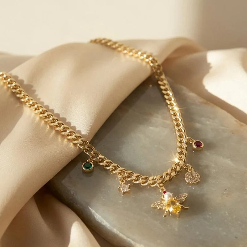 Gold Plated Crystal and Pearl Bee Multi-Charm Necklace