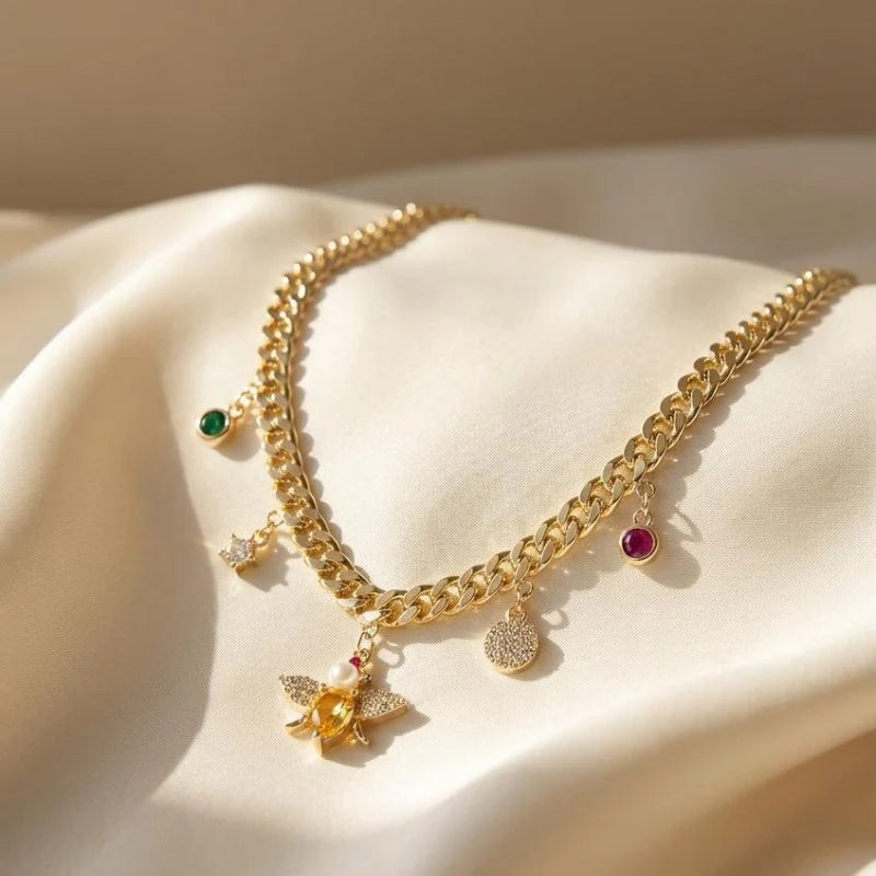Gold Plated Crystal and Pearl Bee Multi-Charm Necklace