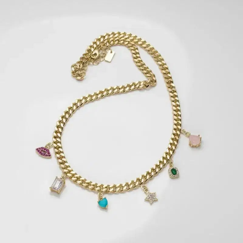 Gold Plated Colorful Charm Cuban Link Necklace