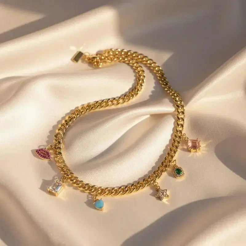 Gold Plated Colorful Charm Cuban Link Necklace