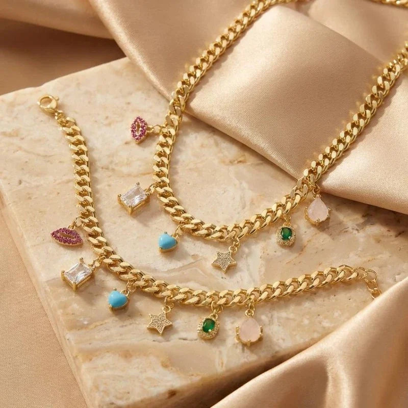 Gold-Tone Multi Charm Collar Necklace With bracelet