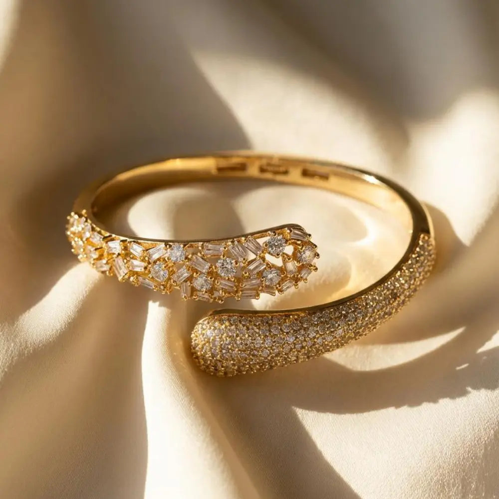 Gold-plated Baguette & Round Zirconia Bypass Bangle
