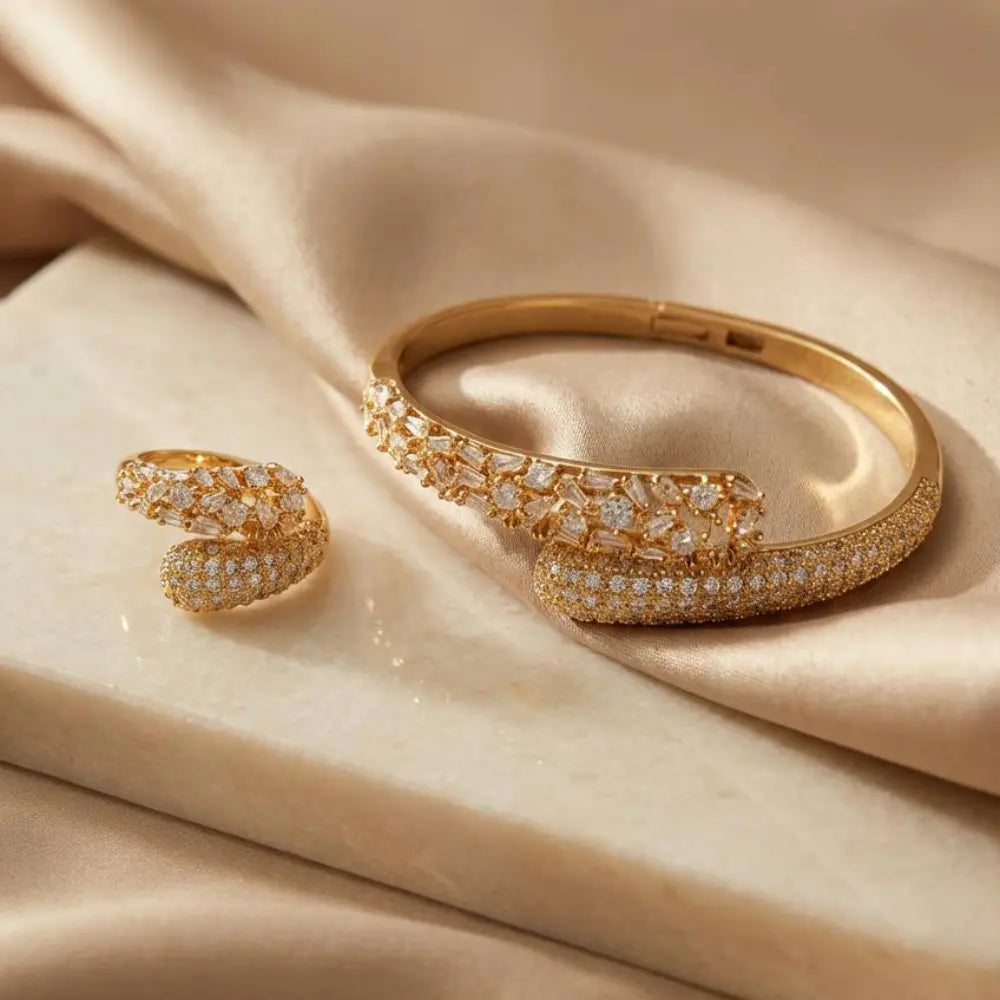 Gold-plated Baguette & Round Zirconia Bypass Jewelry Set front view