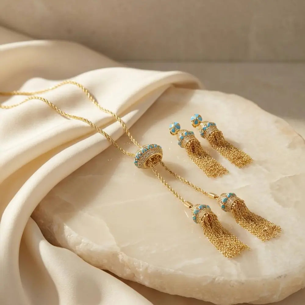 Gold-plated Turquoise Tassel Bohemian Jewelry Set_3