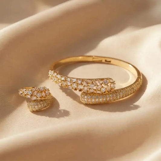 Gold-plated Baguette & Round Zirconia Bypass Jewelry Set