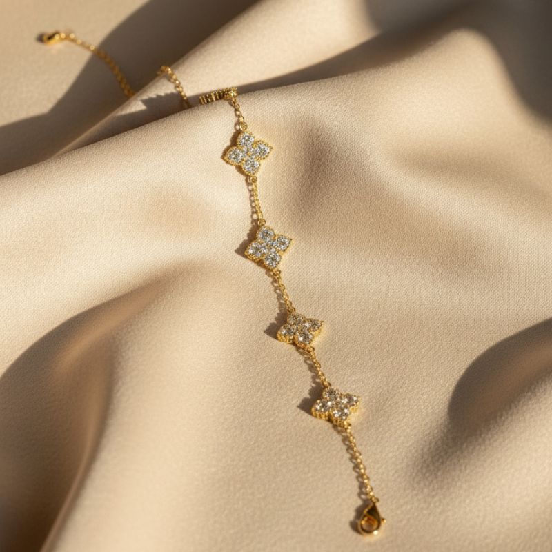 Zirconia-Paved Clover Motif Bracelet available in Gold & Silver