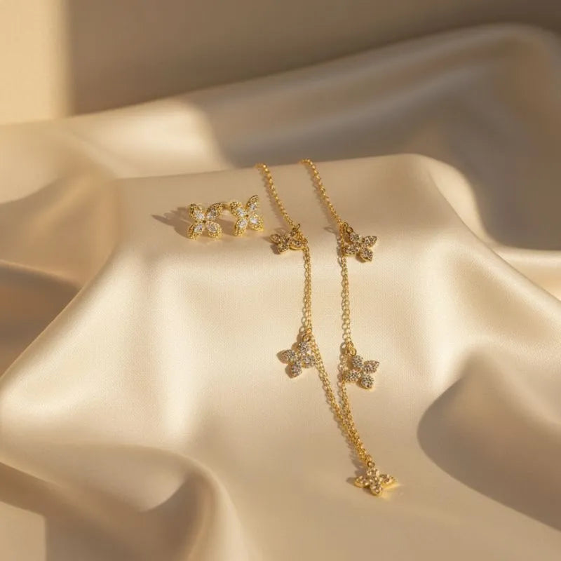 Gold-plated butterfly necklace and earrings set