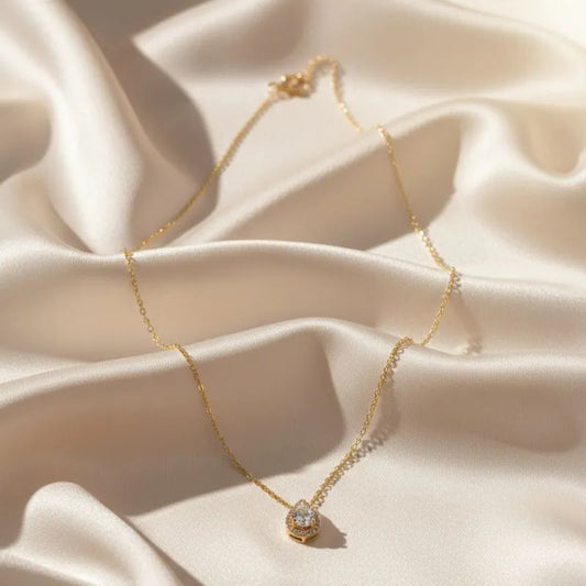 Gold-plated pear-shaped diamond halo pendant necklace