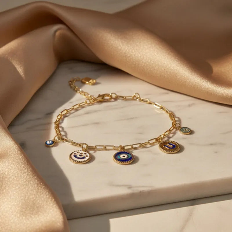 Gold Finish Evil Eye Link Bracelet