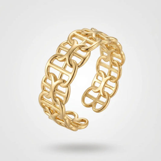  Gold Plated Adjustable Interlocking Chain Link Ring on a light gray background