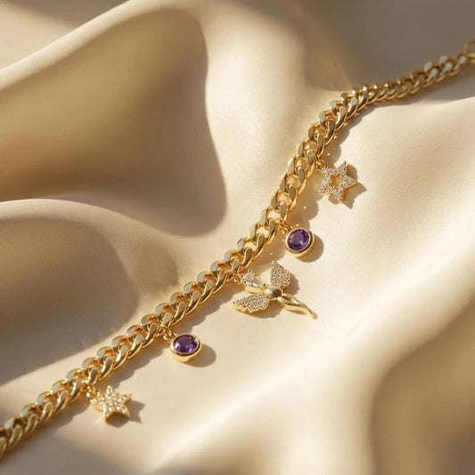 Gold Plated Purple Gemstone with Stars Bracelet