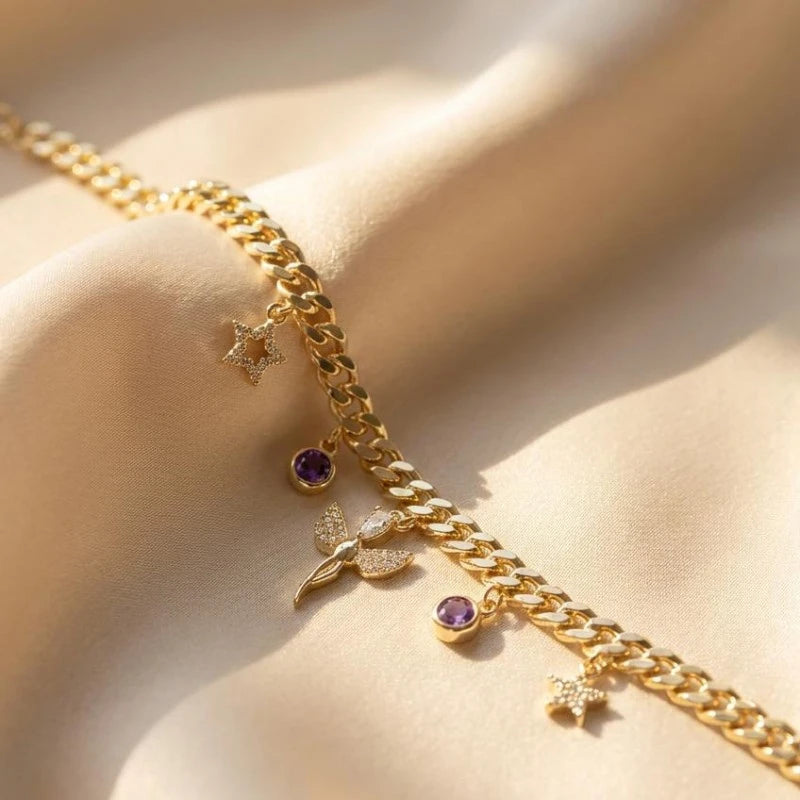 Gold Plated Purple Gemstone with Stars Bracelet