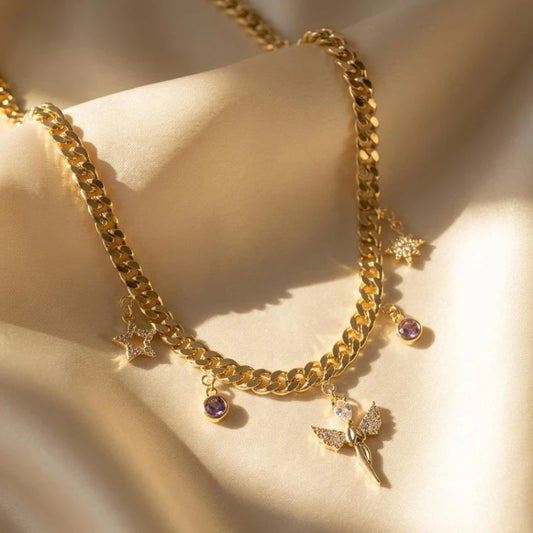Gold Plated Purple Gemstone with Stars Necklace